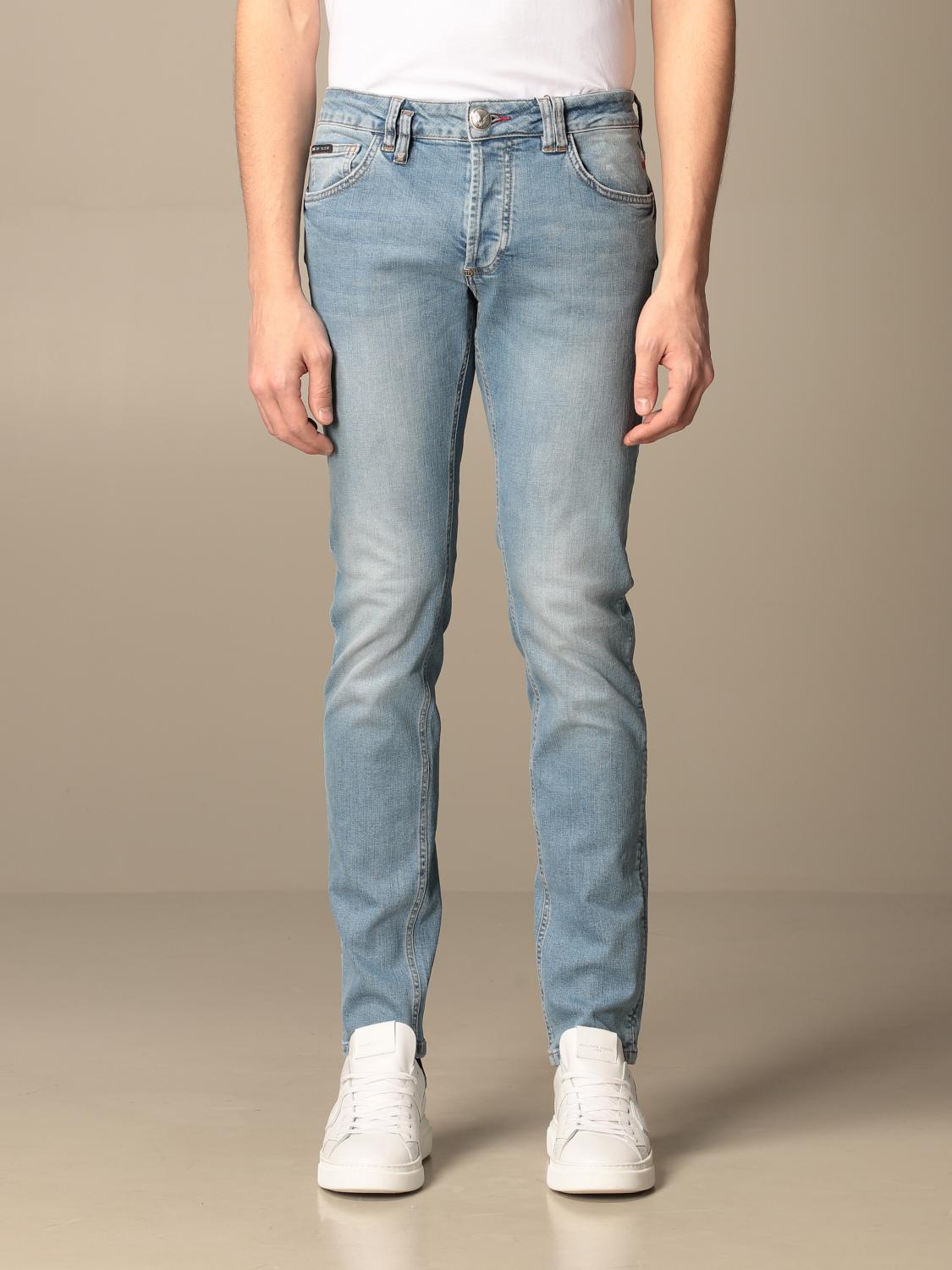 PHILIPP PLEIN: jeans in washed denim with logo - Denim | Philipp Plein ...