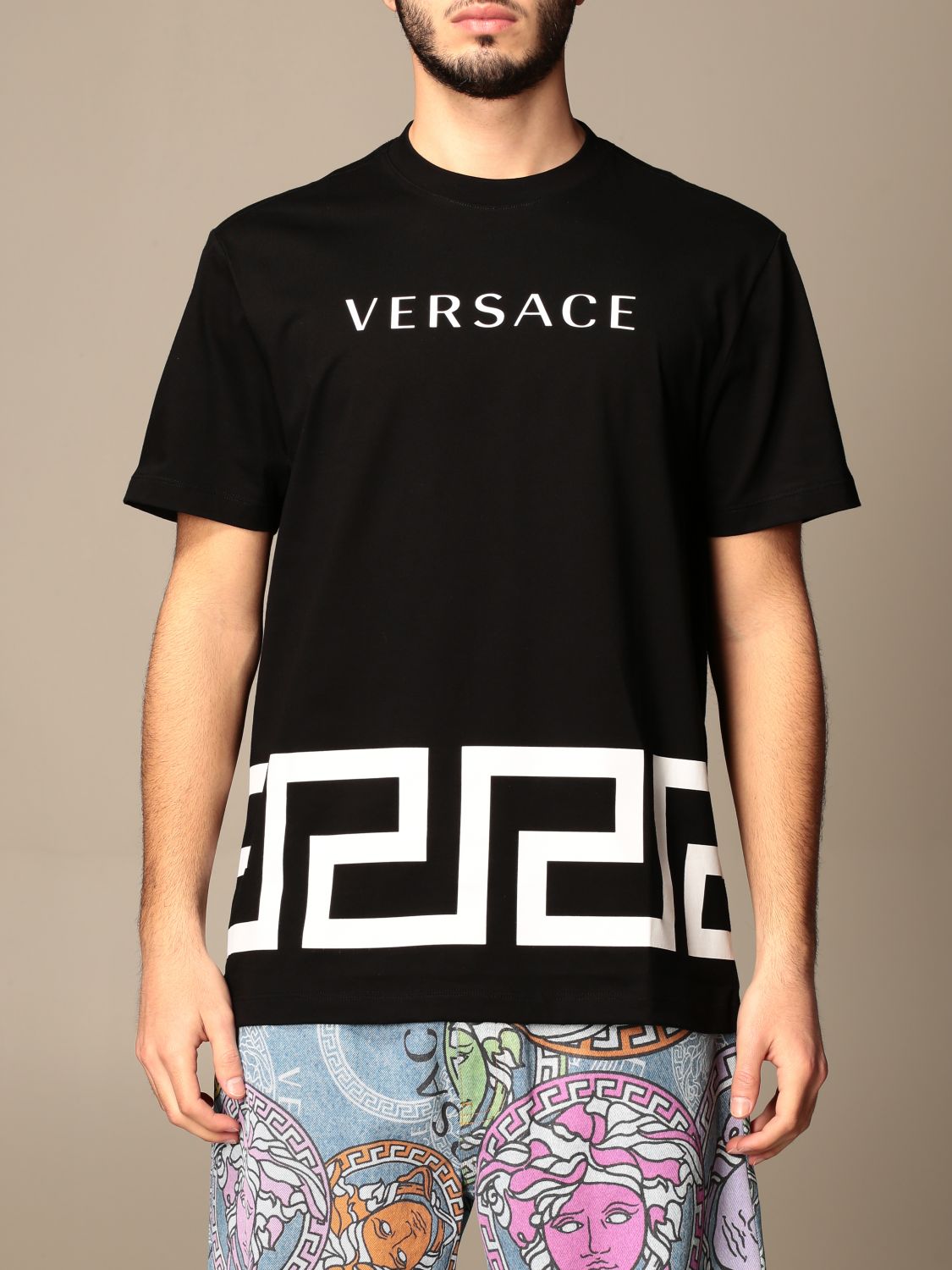 VERSACE: cotton T-shirt with logo and greek - Black | Versace t-shirt ...
