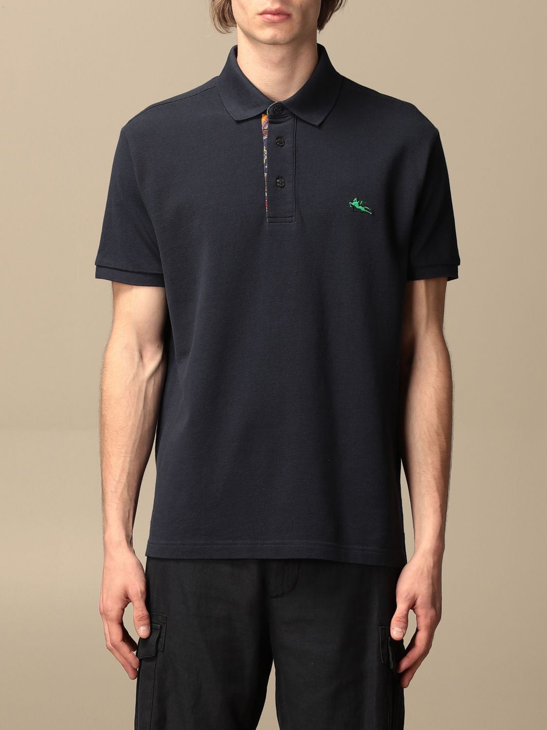 ETRO: cotton polo shirt with embroidered Pegasus - Navy | Etro polo ...