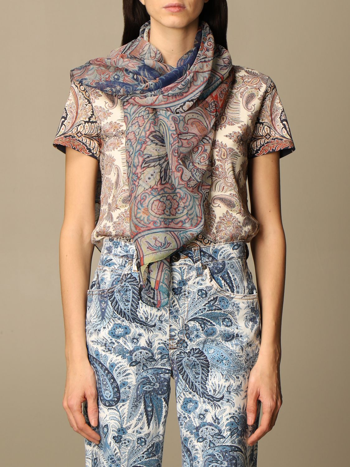 ETRO: bombay shawl in patterned silk - Blue | Neck Scarf Etro 10010