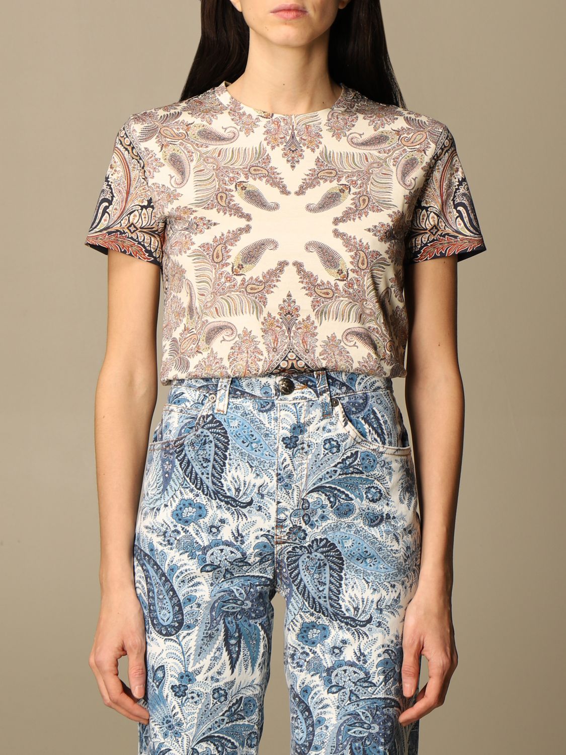 ETRO: t-shirt in paisley patterned cotton - Beige | Etro t-shirt 14514 ...