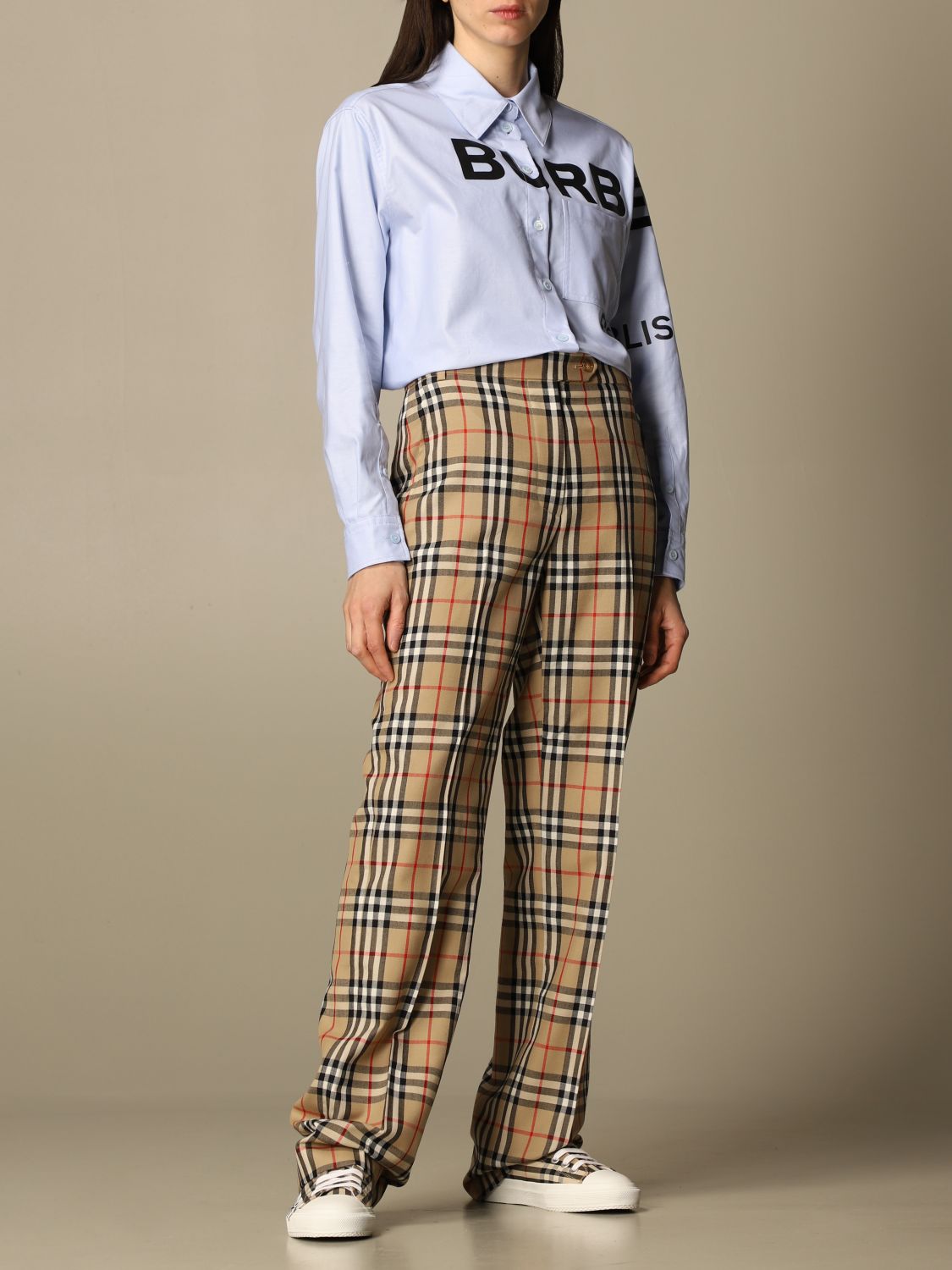 BURBERRY: trousers in check wool - Beige | Pants Burberry 8033467