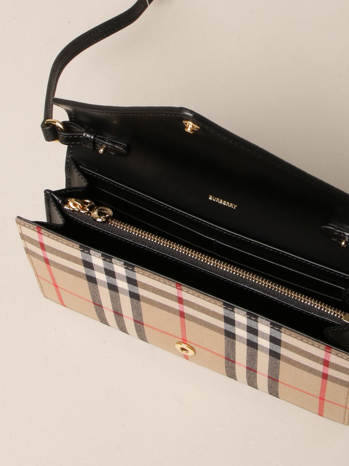 BURBERRY: crossbody bag in leather and check canvas | Mini Bag Burberry Women Black Mini Bag Burberry GIGLIO.COM