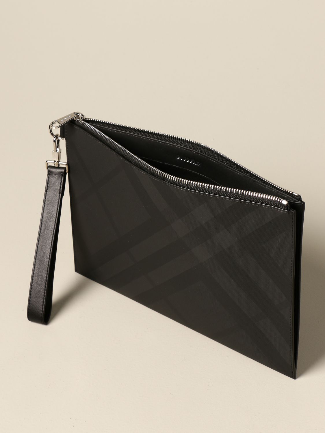 BURBERRY: clutch bag with London check pattern - Black | Burberry ...