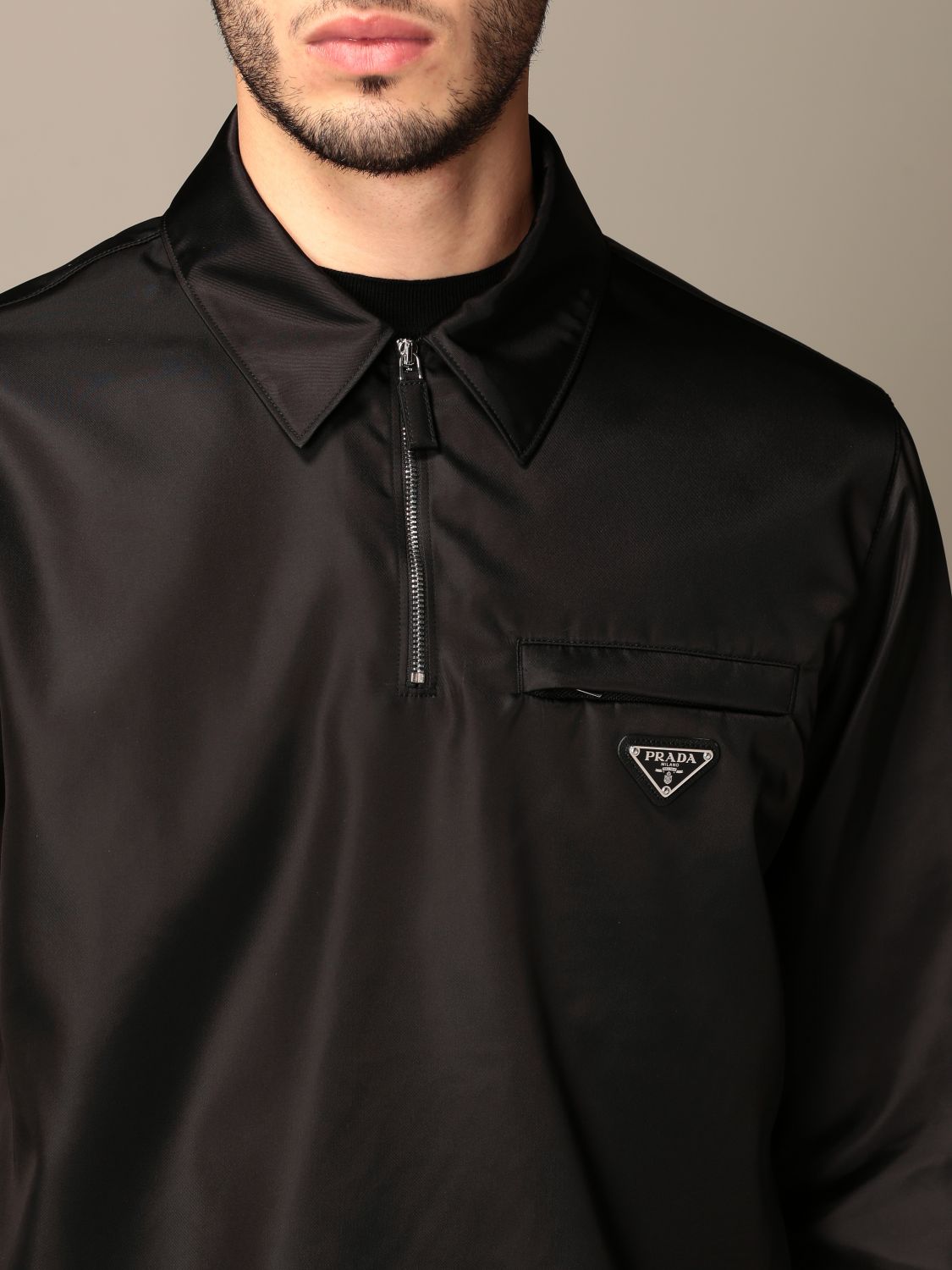 PRADA: blouson in technical nylon with logo - Black | Prada jacket