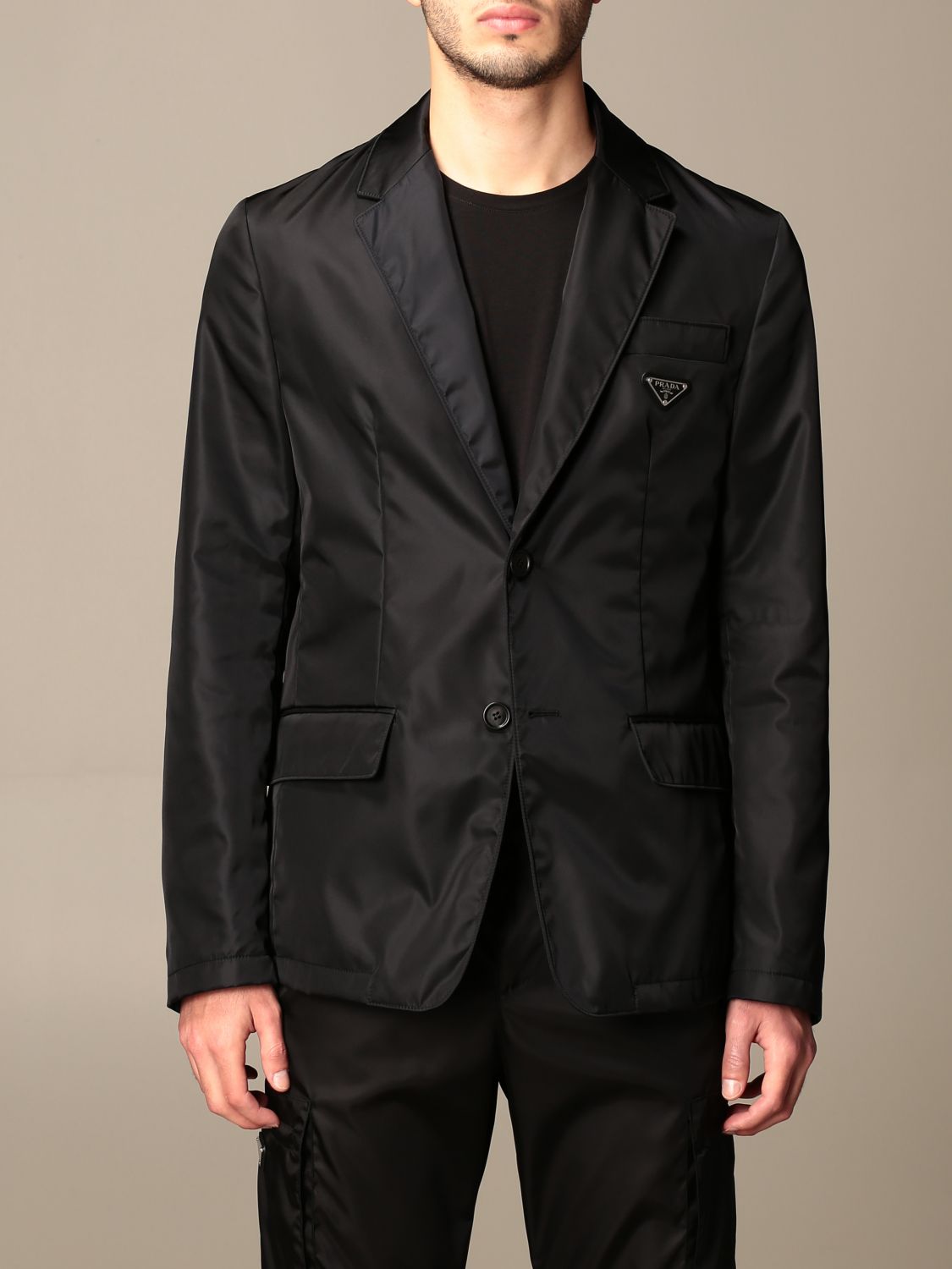 PRADA: single-breasted technical nylon jacket - Black | Prada blazer