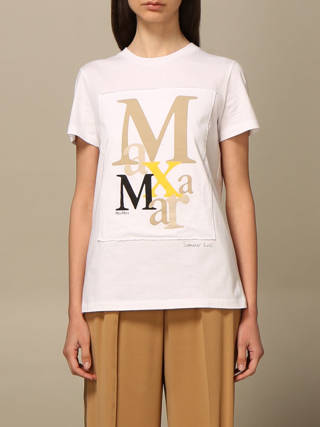Max Mara Outlet: cotton t-shirt with multicolor logo - Beige | Max Mara