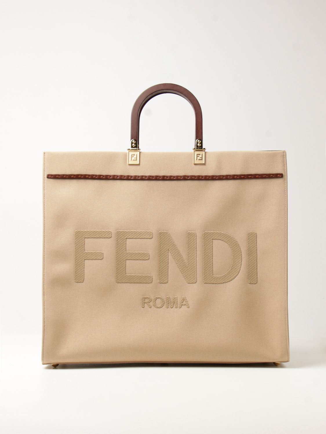 FENDI: Sunshine bag in canvas with big Roma logo - Natural | Fendi tote ...
