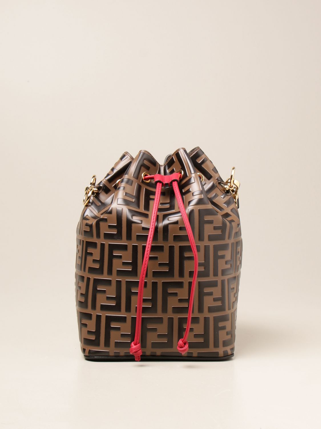 FENDI: Mon Tresor bucket bag in leather with embossed logo - Brown ...
