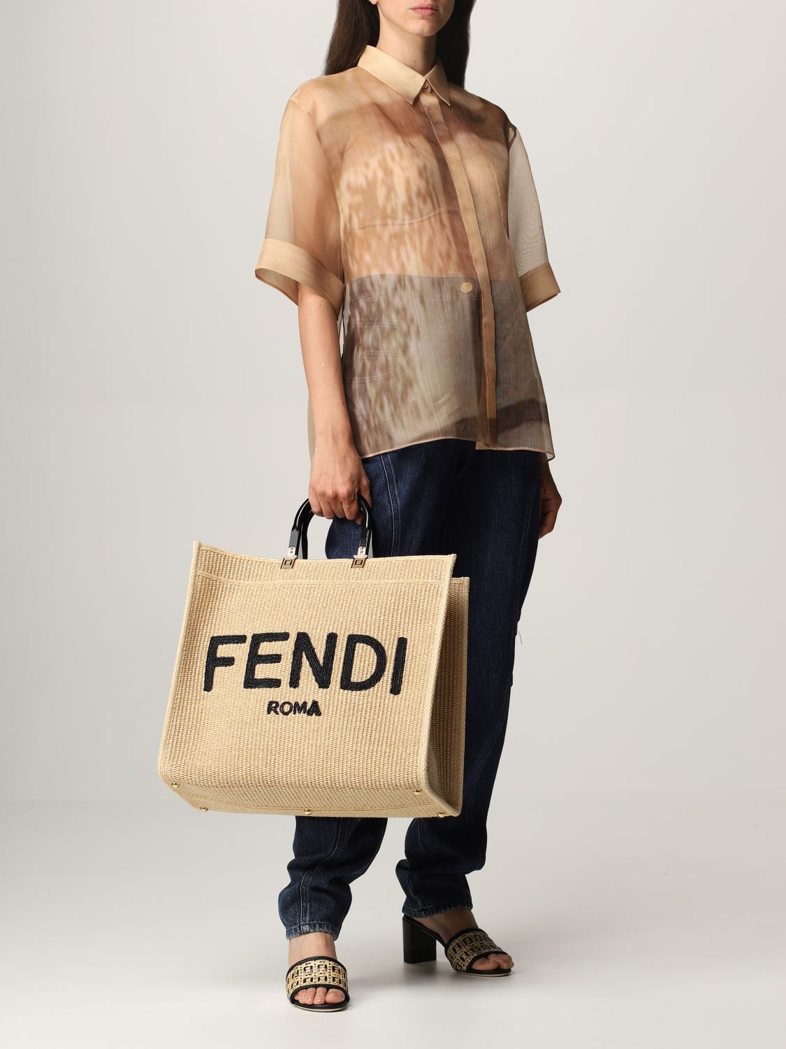 FENDI: Sunshine bag in woven straw with big Roma logo - Natural | Tote