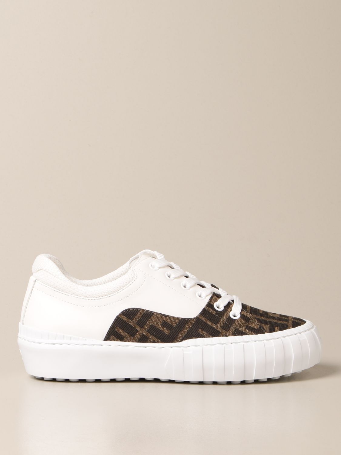 FENDI: sneakers in leather and FF fabric - White | Fendi sneakers ...