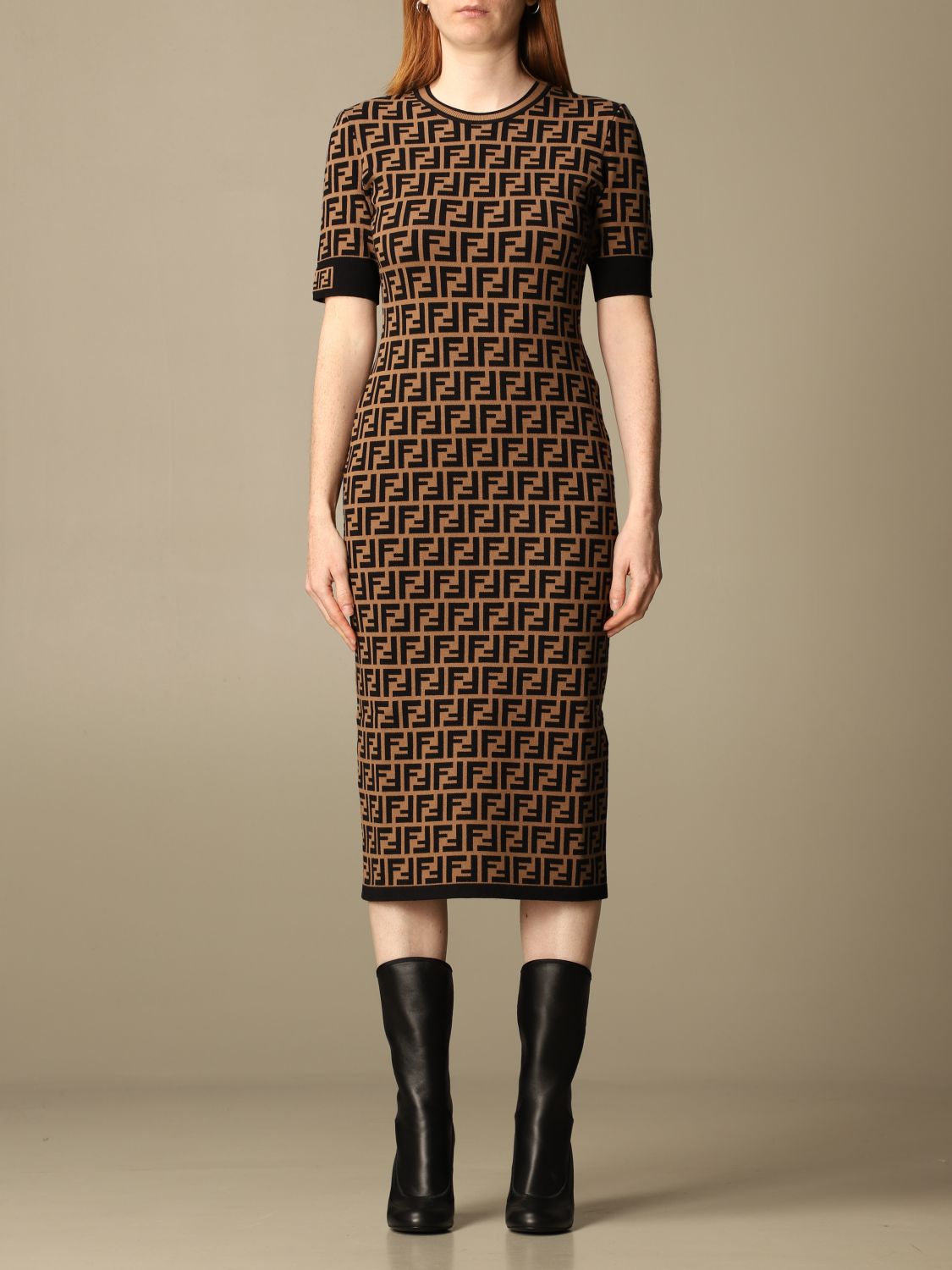 FENDI: dress with all-over FF monogram - Tobacco | Dress Fendi FZD753