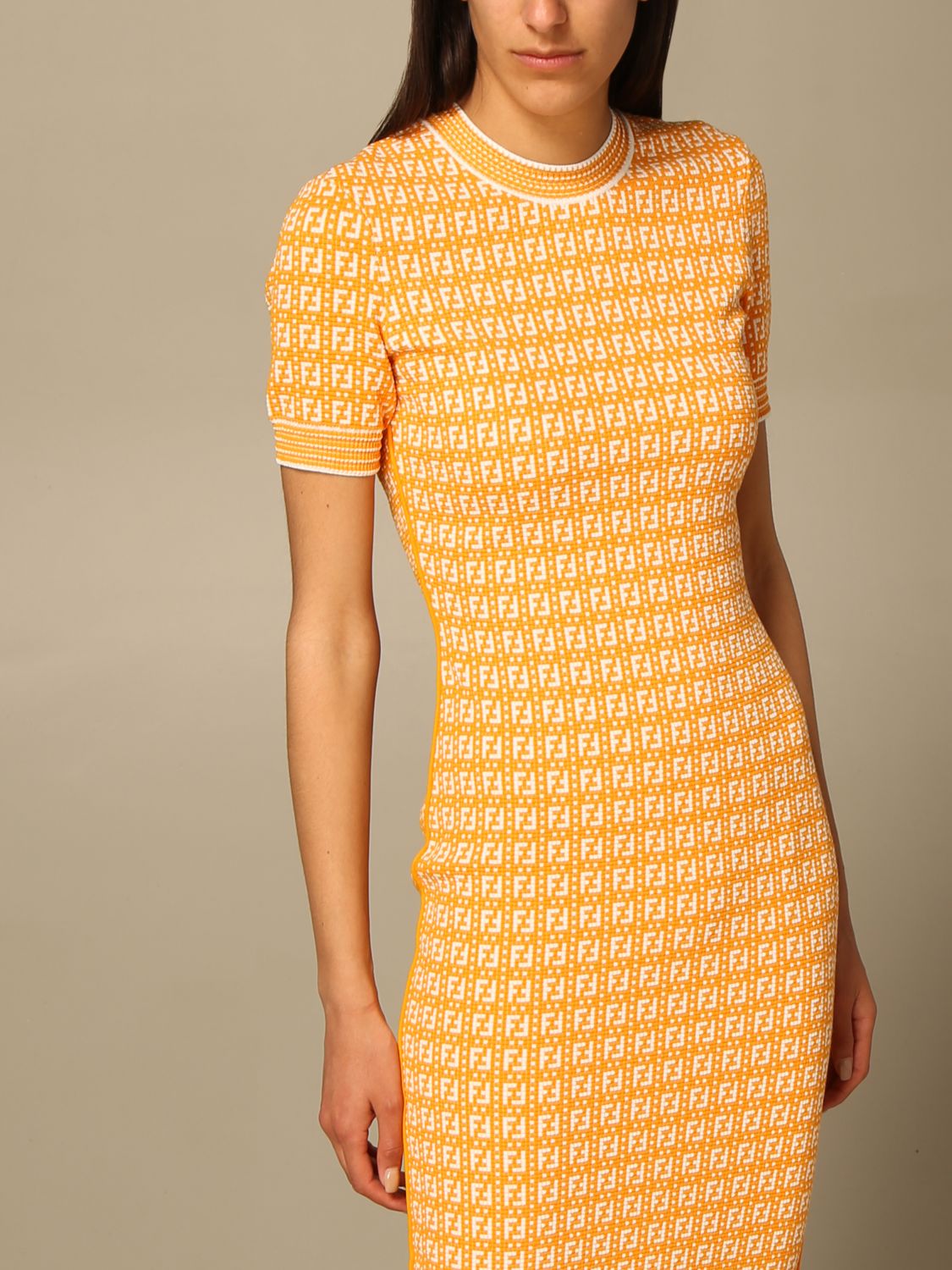 FENDI: midi dress with all-over monogram - Yellow Cream