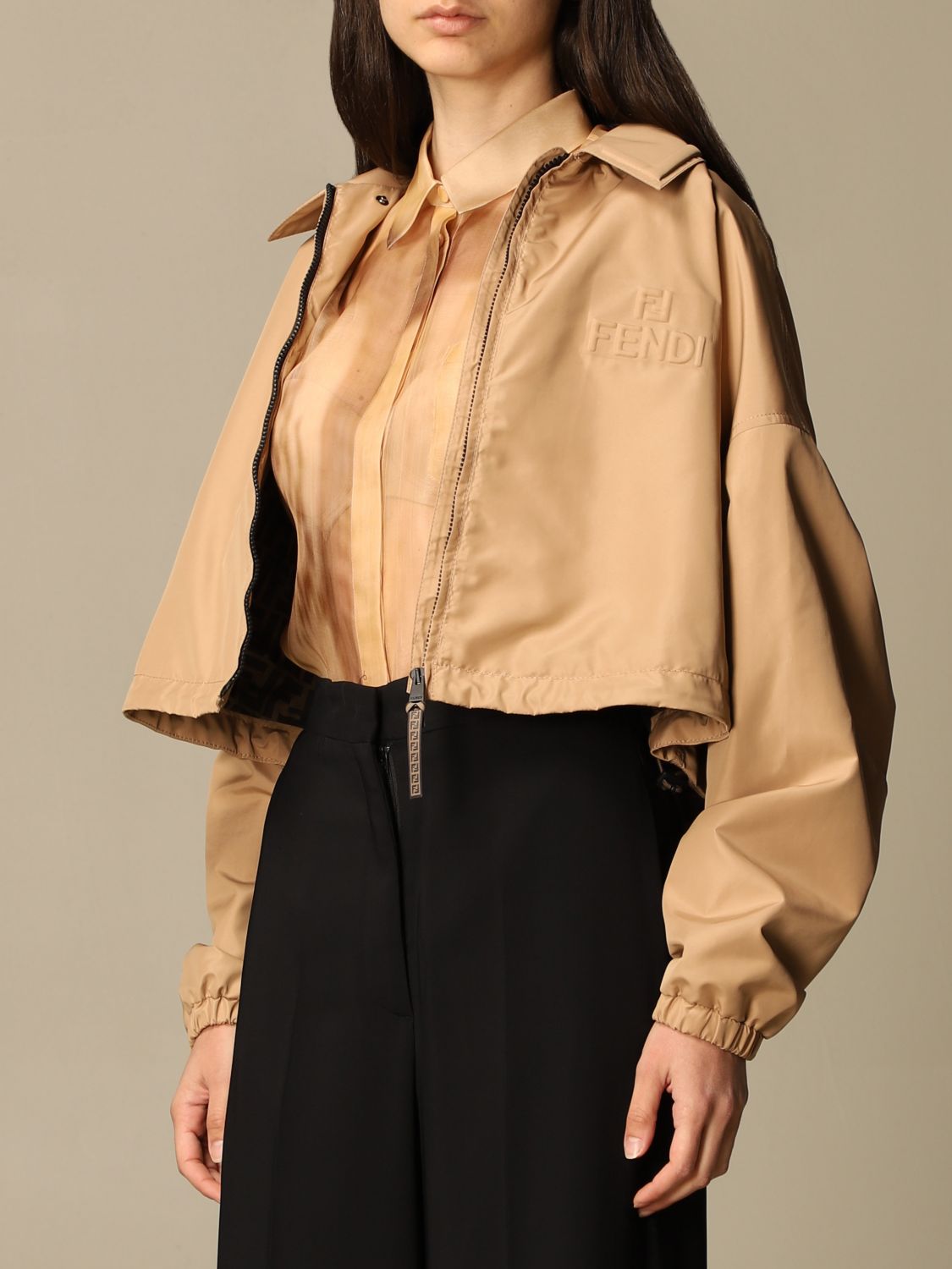 FENDI: cropped jacket with logo - Beige | Jacket Fendi FAN025 AERX