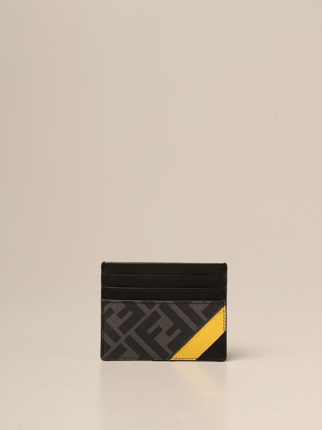FENDI: credit card holder in leather and canvas - Black | Wallet Fendi