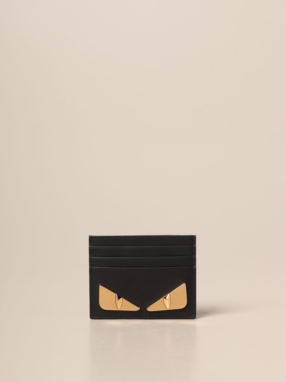 FENDI: credit card holder in leather with Bag Bugs eyes - Black