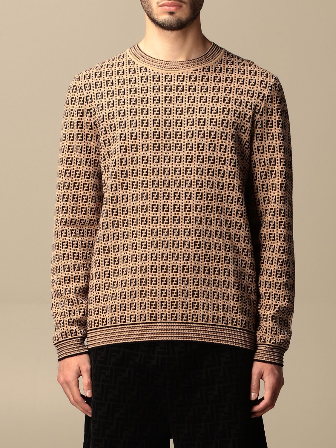 Fendi Tonal-monogram Jacquard Sweater In Beige