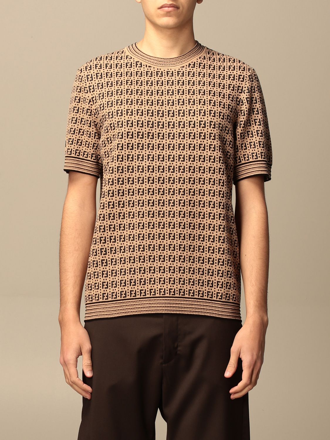 FENDI: crewneck sweater with FF monogram - Beige | Fendi sweater FZY426 ...