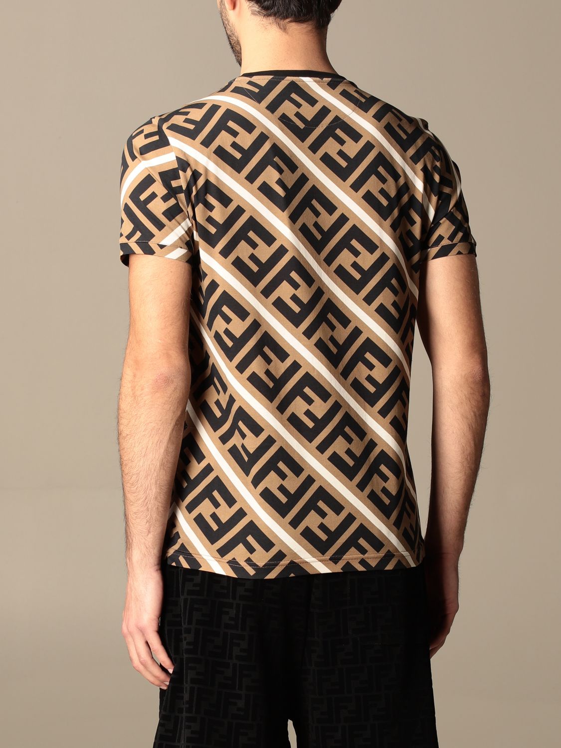 FENDI: cotton T-shirt with all-over FF logo - Beige | T-Shirt Fendi