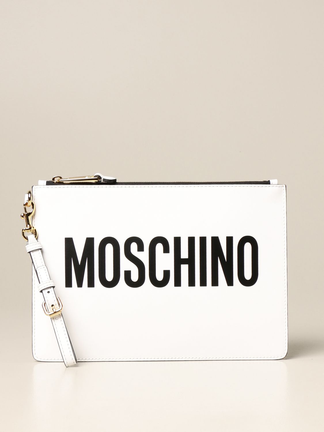 MOSCHINO COUTURE: leather clutch bag with logo - White | Moschino ...