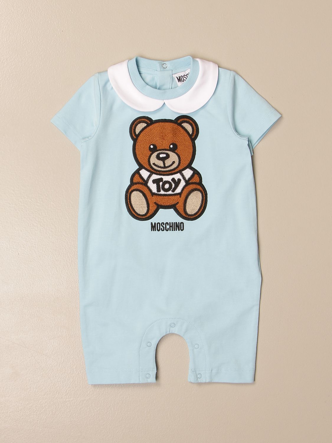MOSCHINO BABY: short onesie with big teddy - Sky Blue | Moschino Baby ...