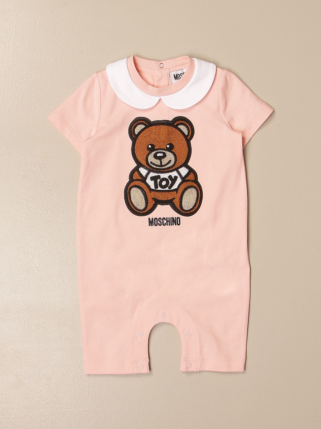 MOSCHINO BABY: short cotton romper with big Teddy - Pink | Moschino ...