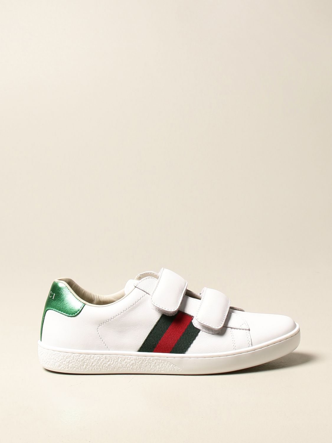GUCCI: Ace sneakers in leather with Web bands - White | Gucci shoes ...