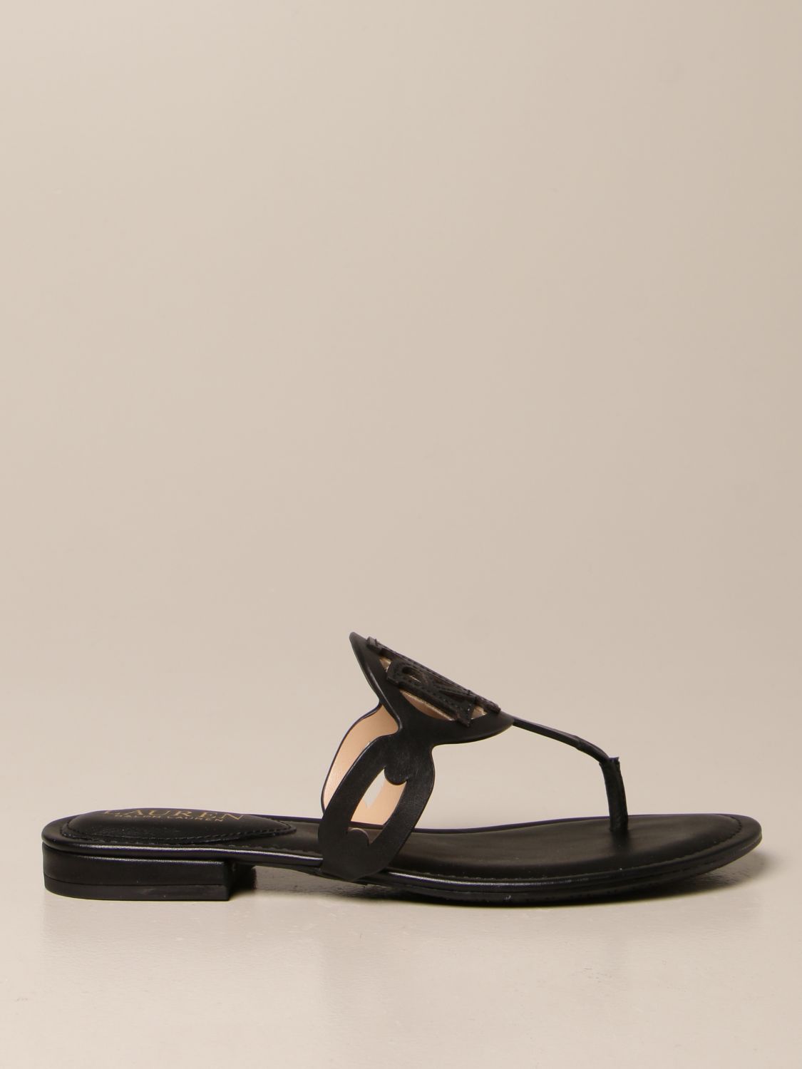 LAUREN RALPH LAUREN: thong sandal in leather - Black | Lauren Ralph Lauren  flat sandals 802840596 online on 