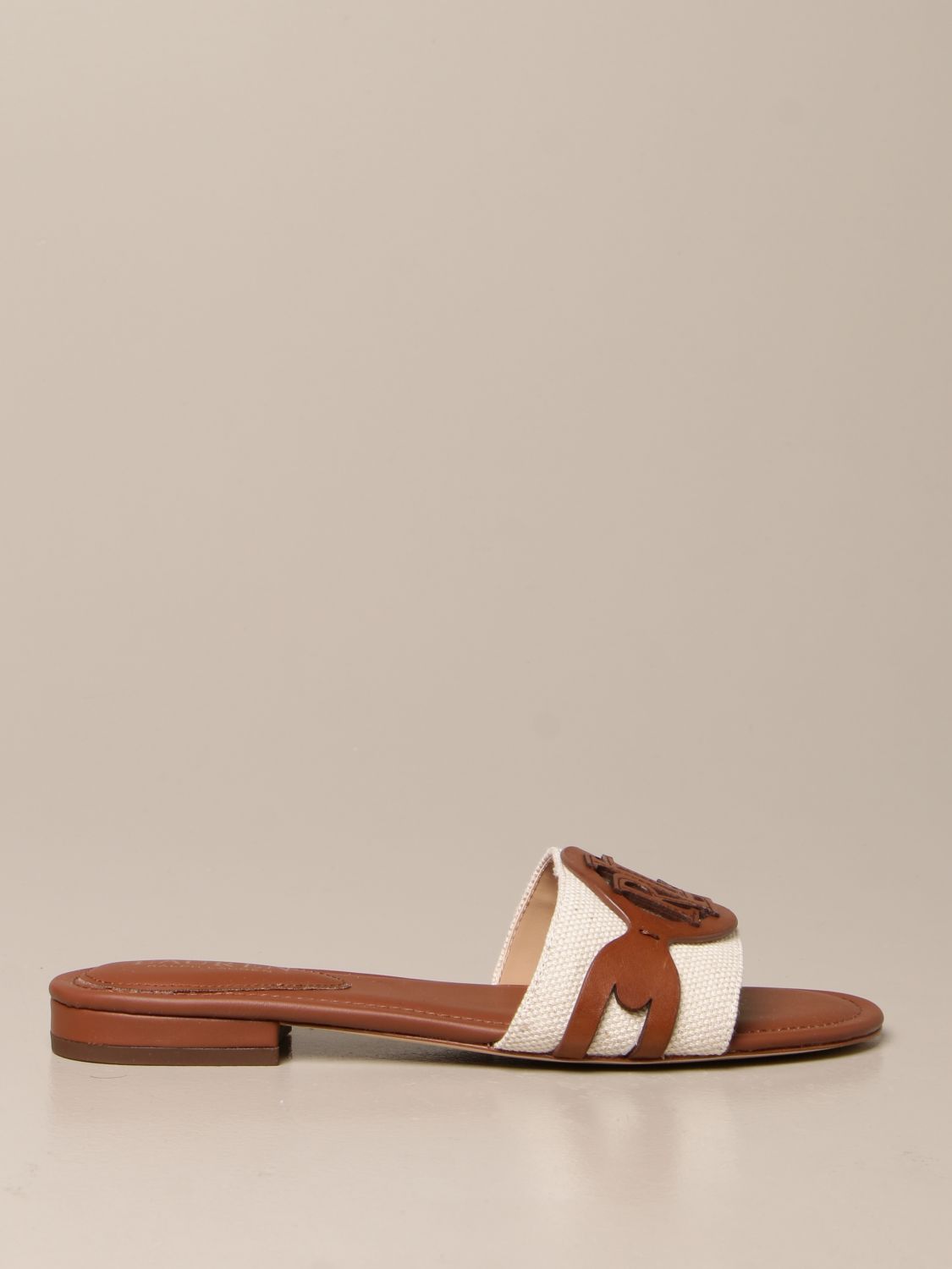 LAUREN RALPH LAUREN: sandal in leather and canvas - Leather | Lauren Ralph  Lauren flat sandals 802826823 online on 