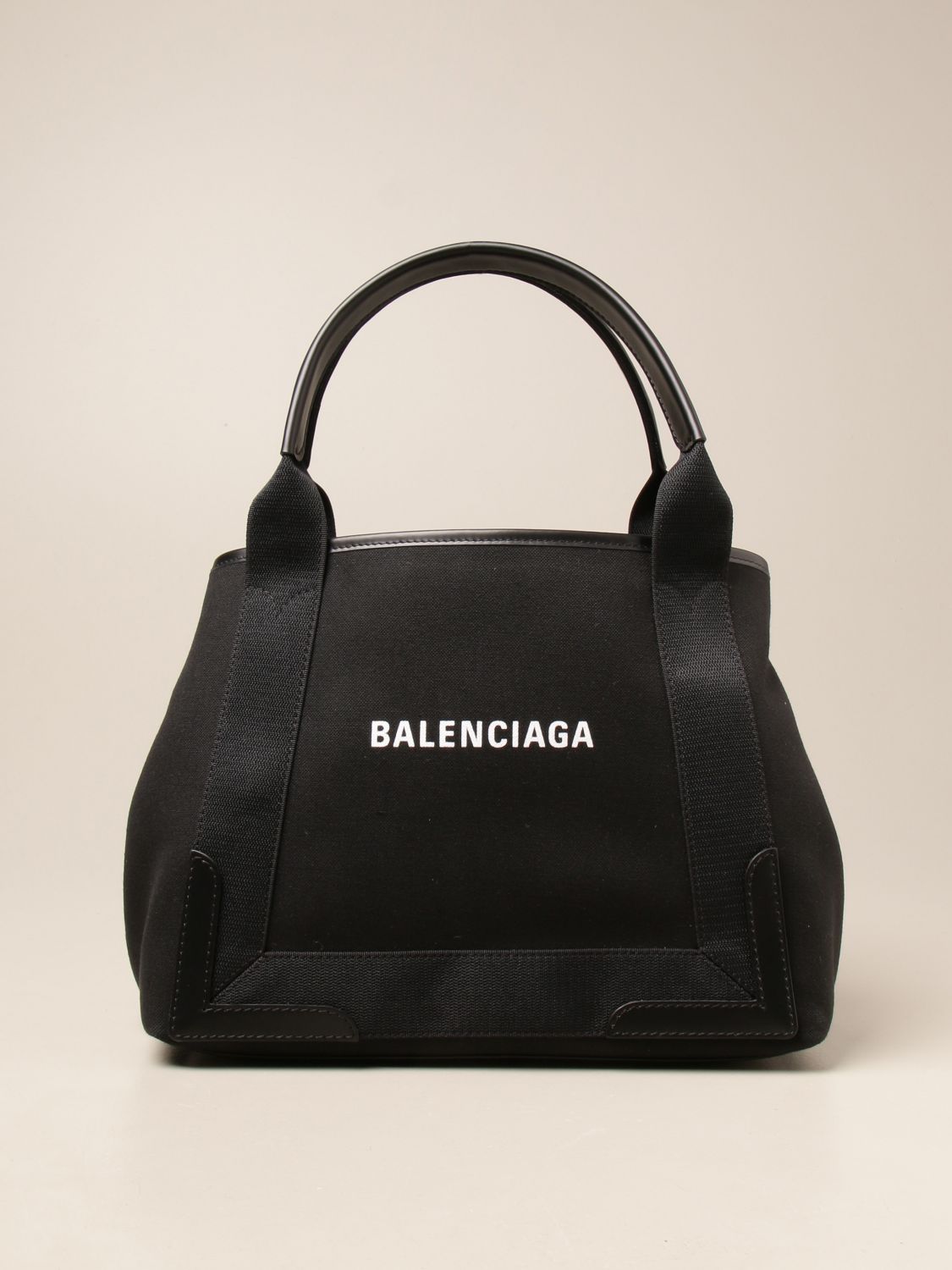 BALENCIAGA: Navy Cabas S bag in canvas with logo - Black | Tote Bags ...