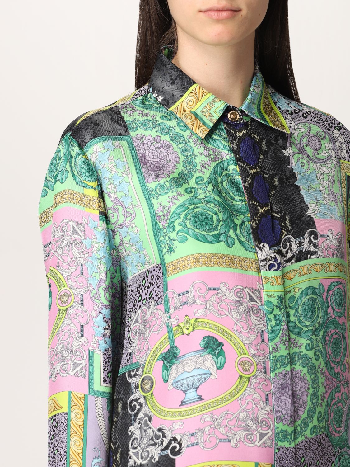 VERSACE: printed silk shirt - Green | Shirt Versace A82662 1F00456 ...