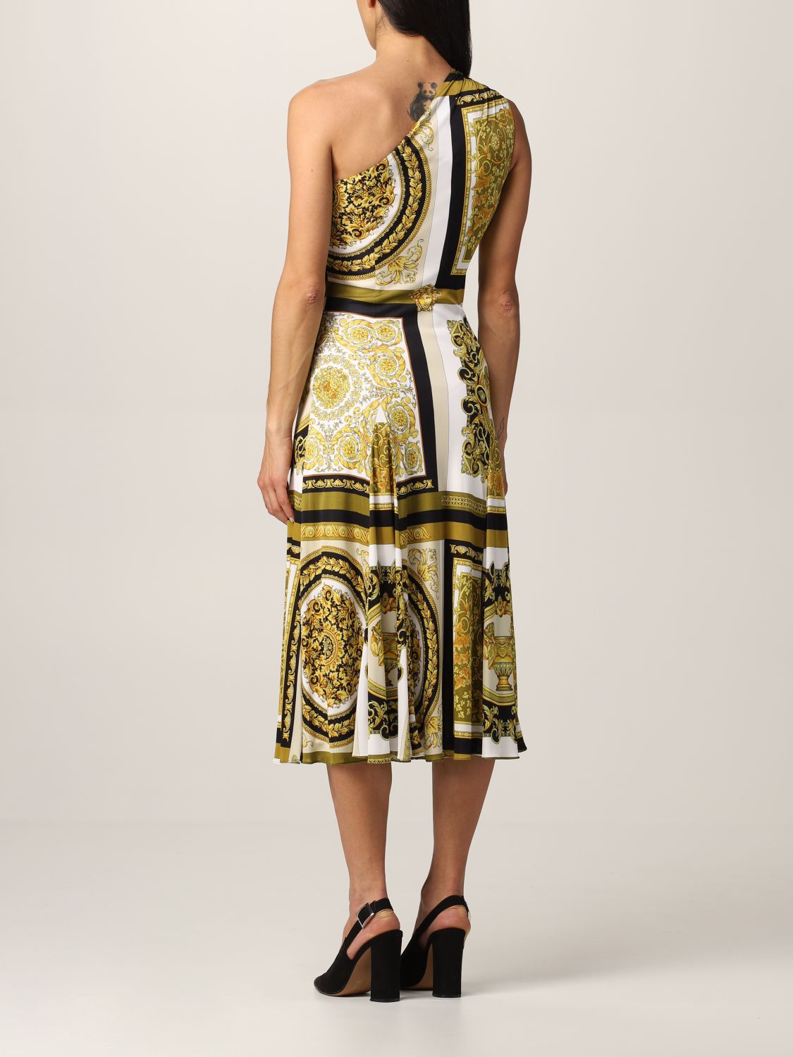 VERSACE: one shoulder midi dress with baroque print - Gold | Dress ...