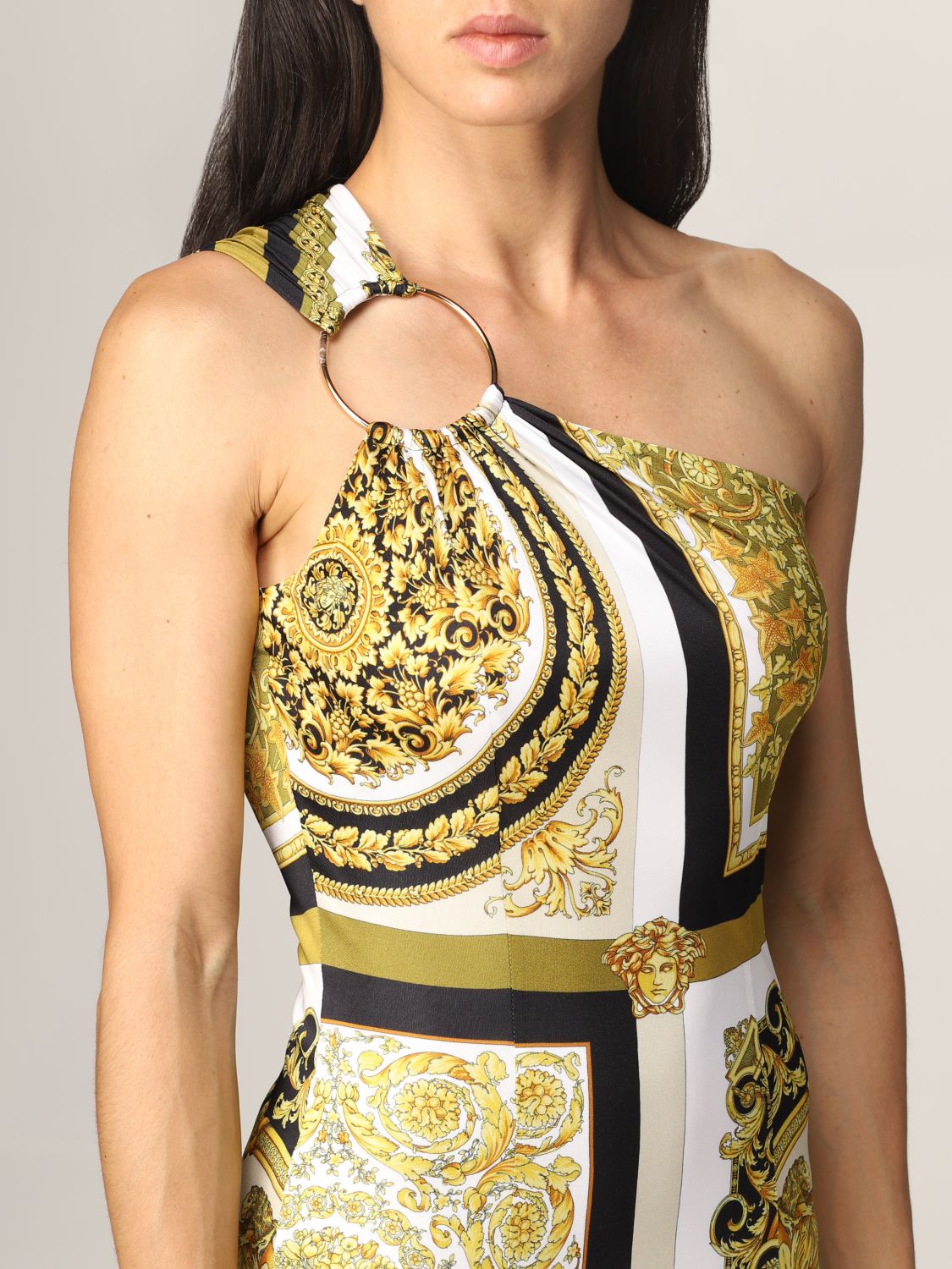 VERSACE: one shoulder midi dress with baroque print - Gold | Dress