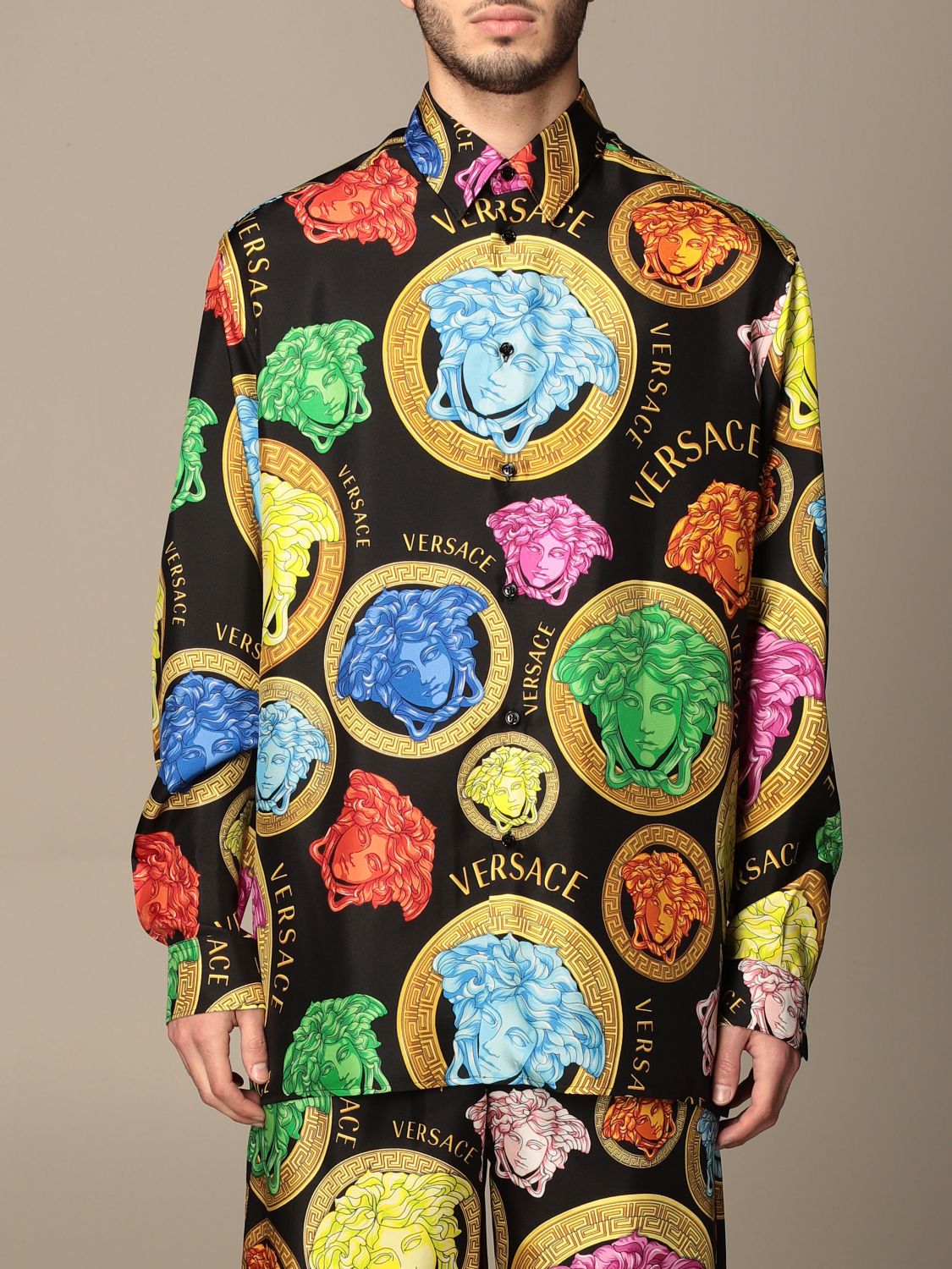 VERSACE: silk shirt with multicolor all-over medusa head - Multicolor ...