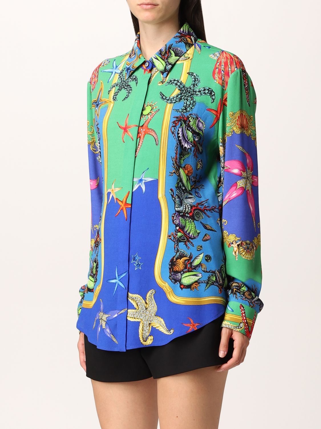 VERSACE: shirt in marine patterned silk | Shirt Versace Women Gnawed ...