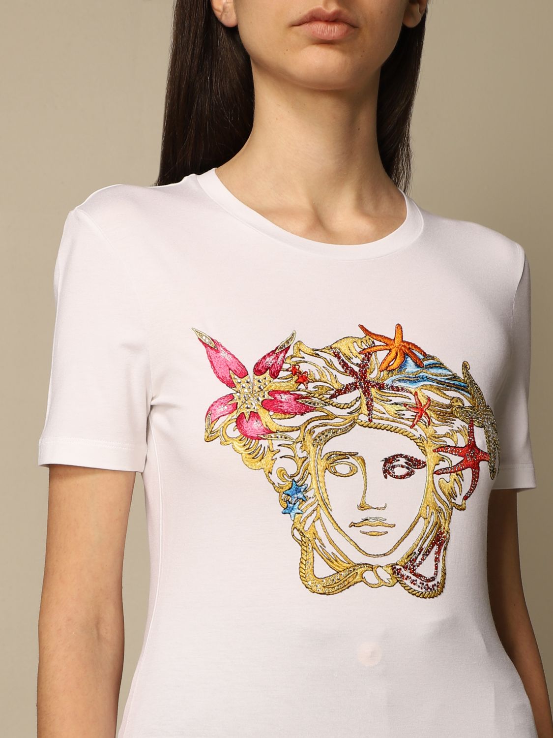 VERSACE: jersey T-shirt with embroidered Trésor Medusa logo - White ...