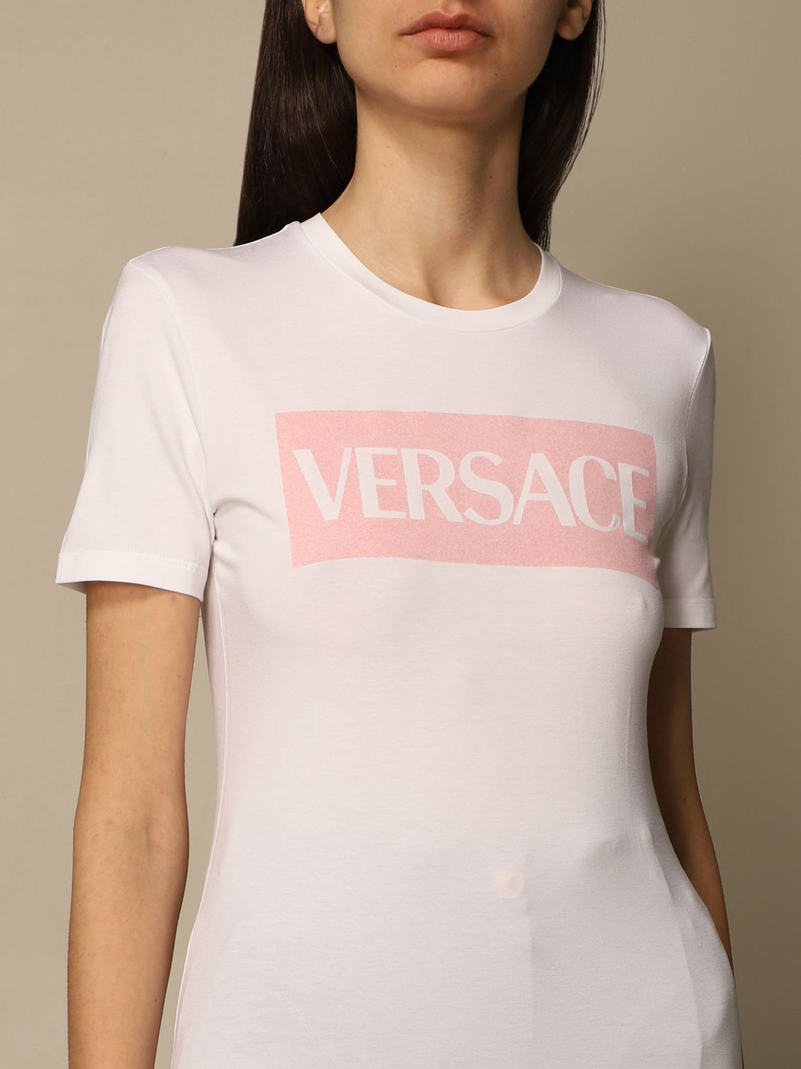 VERSACE: jersey T-shirt with printed logo | T-Shirt Versace Women White ...