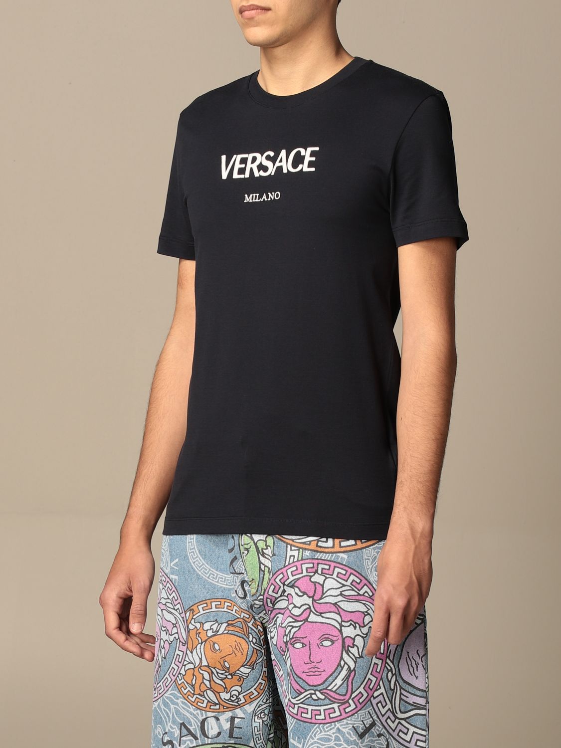 VERSACE: cotton t-shirt with logo - Black | Versace A89019 A228806 online on GIGLIO.COM