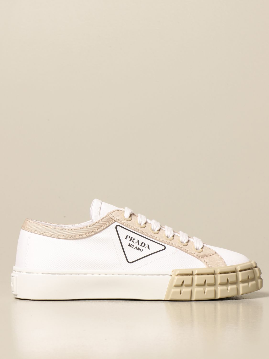 PRADA: sneakers in cotton canvas and leather - White | Prada sneakers  1E939L 89C online on 