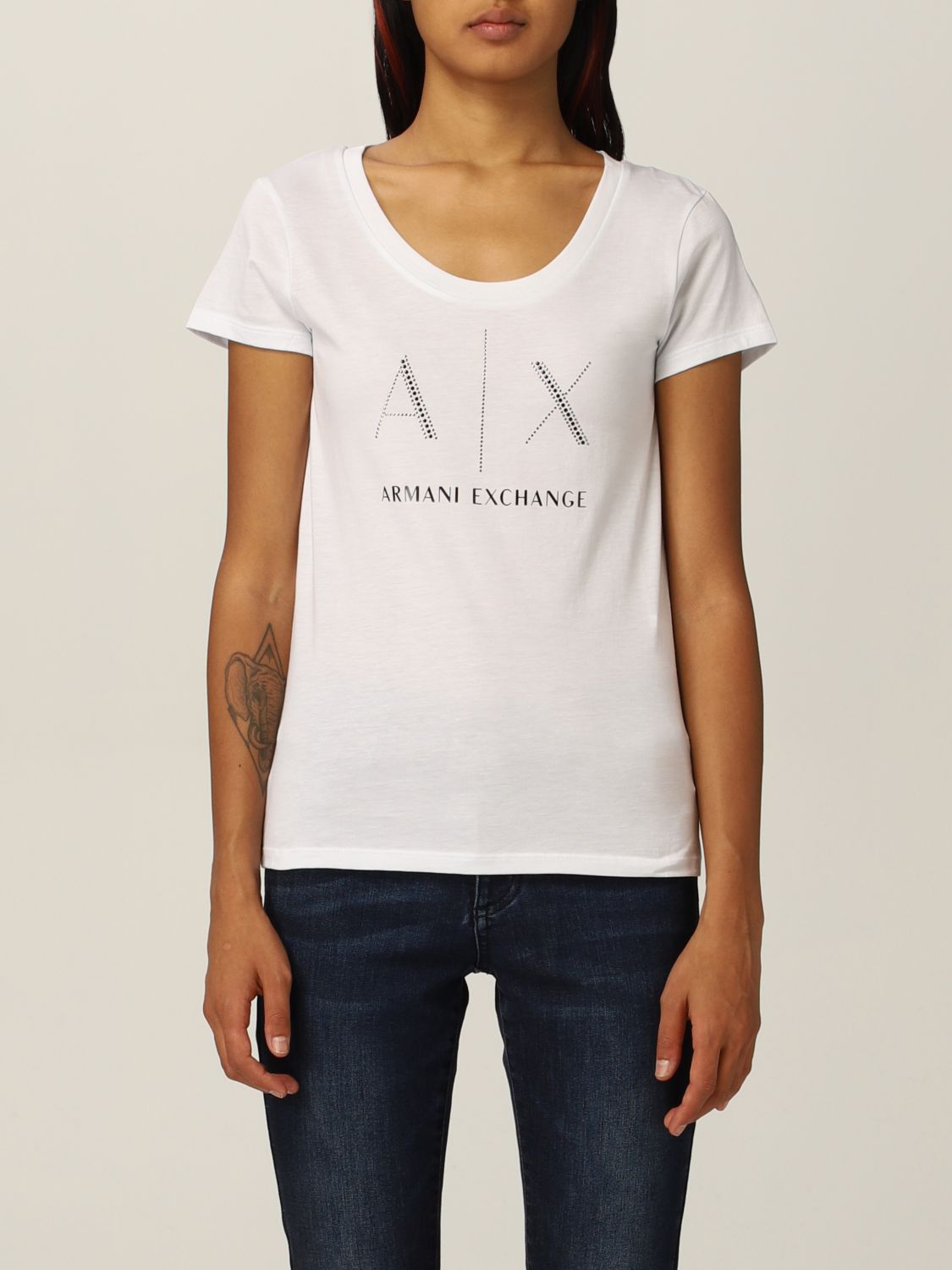 ARMANI EXCHANGE: T-shirt in cotton jersey with logo and micro studs ...