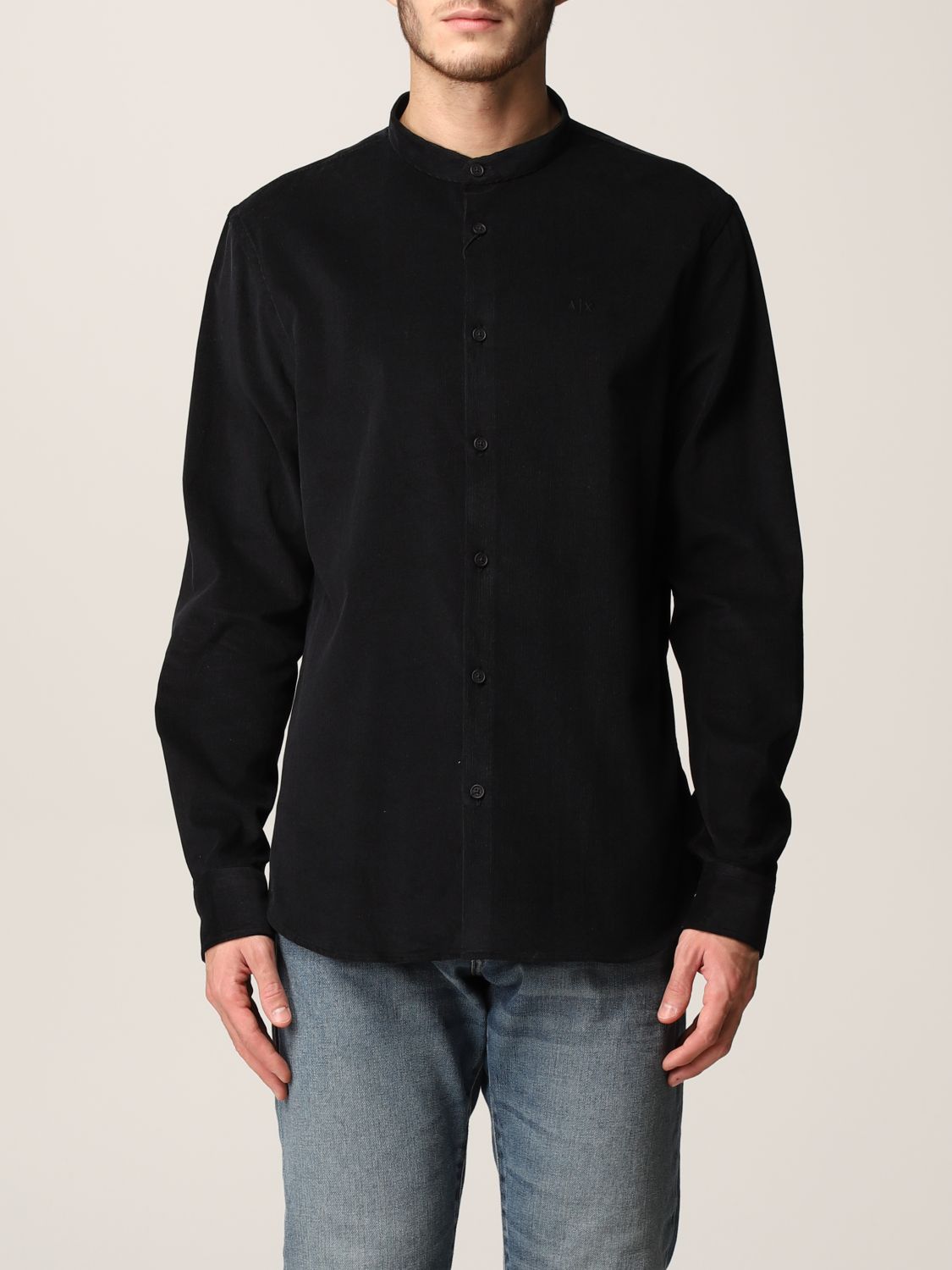 ARMANI EXCHANGE: velvet shirt with embroidered logo - Black | Armani ...