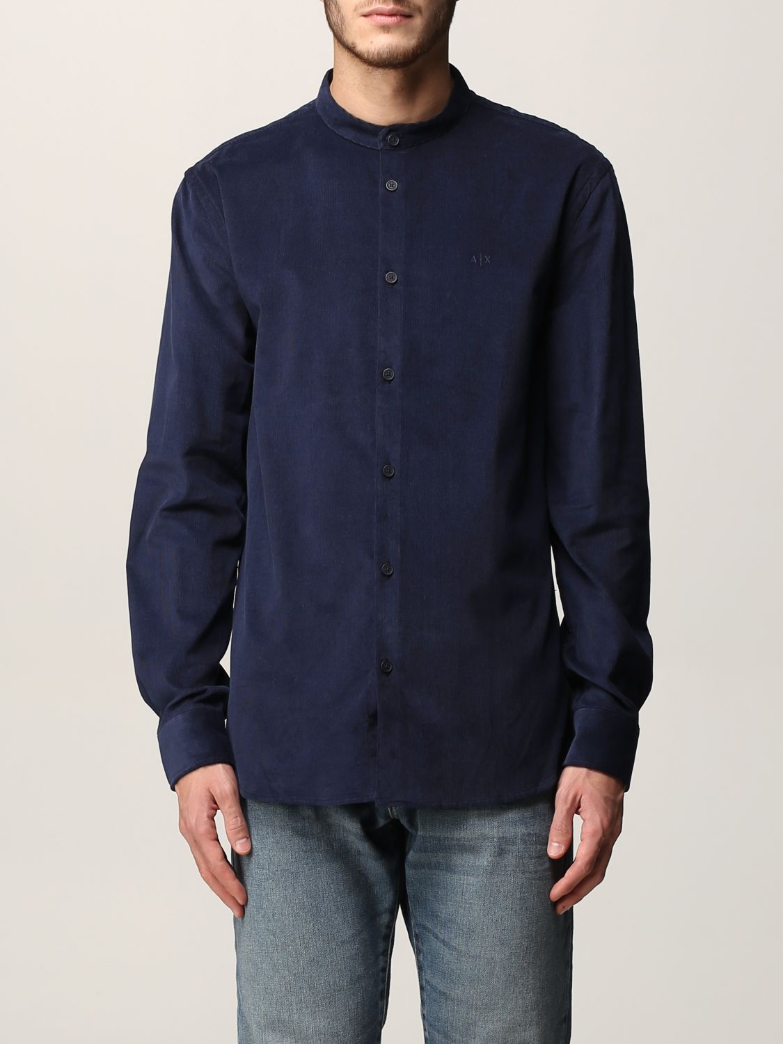 ARMANI EXCHANGE: velvet shirt with embroidered logo - Blue | Armani ...