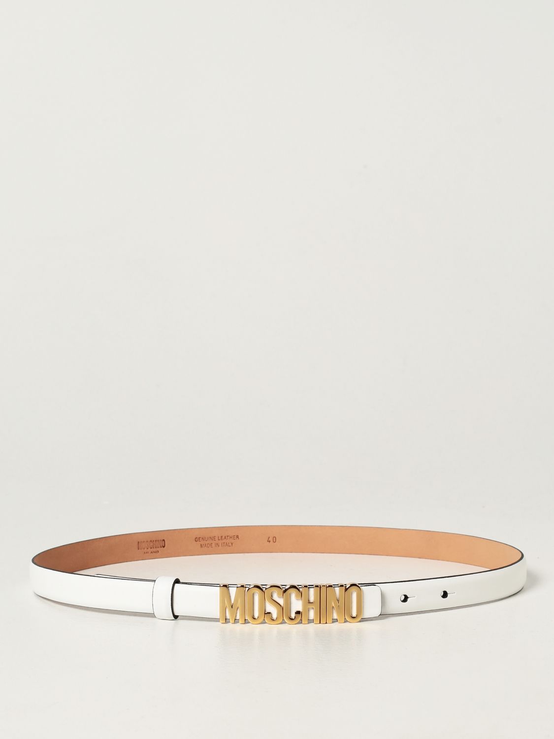 MOSCHINO COUTURE: leather belt with metallic logo - White | Moschino ...