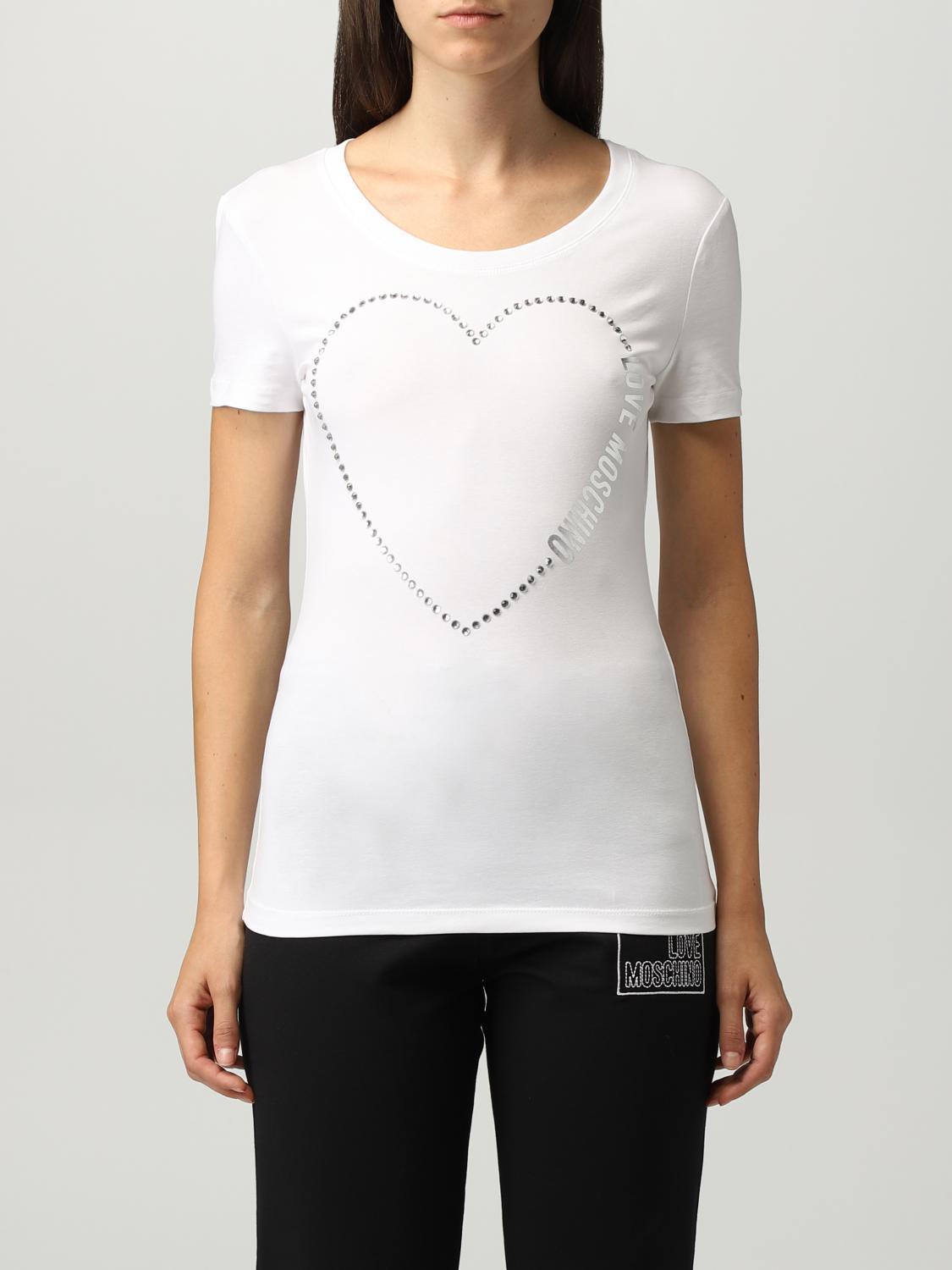 LOVE MOSCHINO: cotton T-shirt with rhinestone heart - White | Love ...