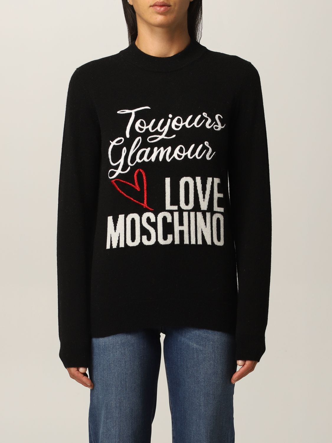 LOVE MOSCHINO: sweater in wool blend with logo - Black | Love Moschino ...