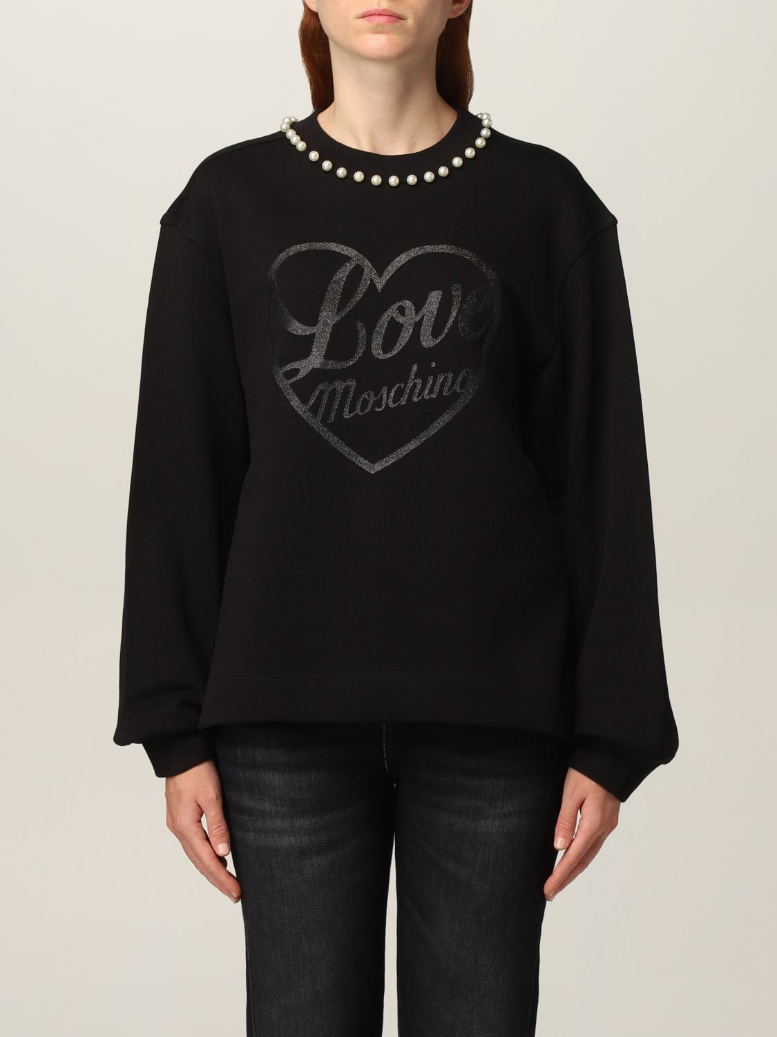 LOVE MOSCHINO: Crewneck with glitter logo and pearls | Sweatshirt Love ...