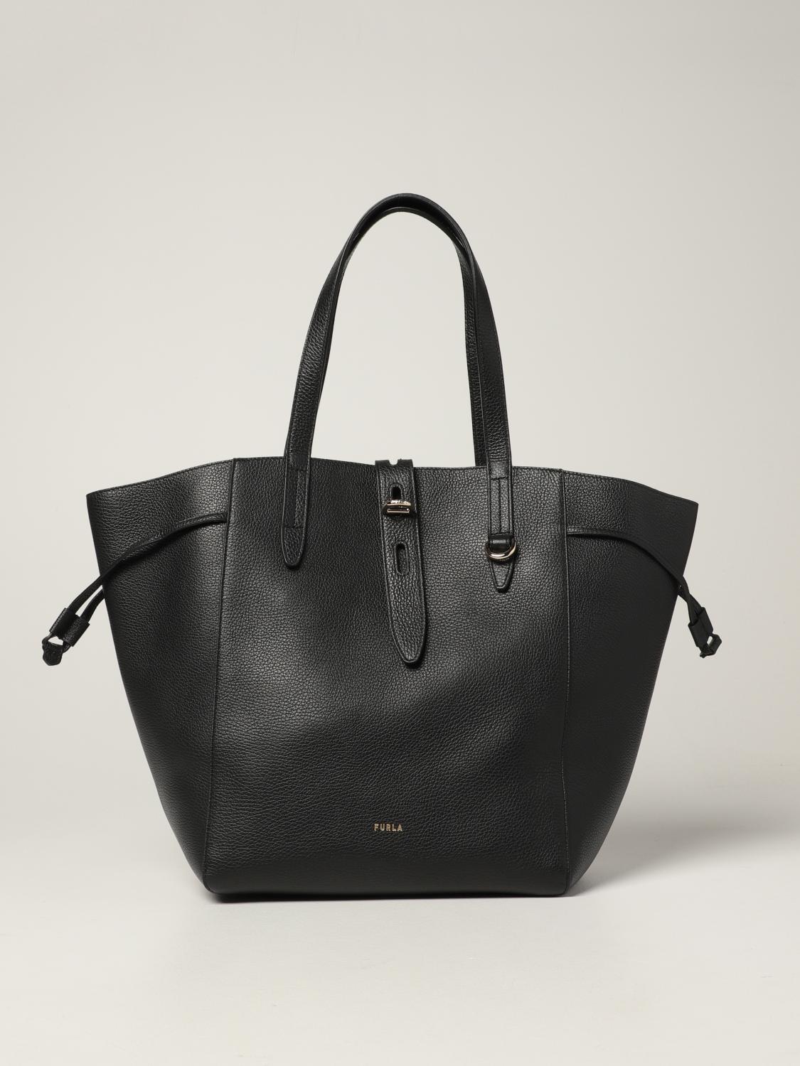 FURLA: Net bag in grained leather - Black | Furla tote bags