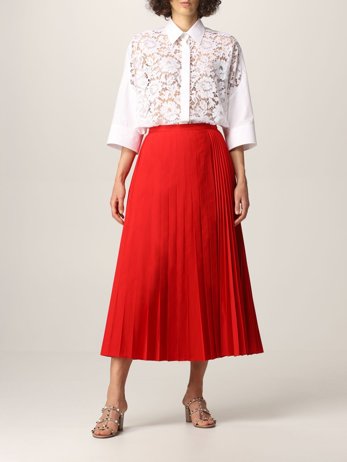 servitrice Senatet Af storm VALENTINO: midi skirt in pleated cotton blend - Red | Valentino skirt  WB3RA7S54H2 online on GIGLIO.COM