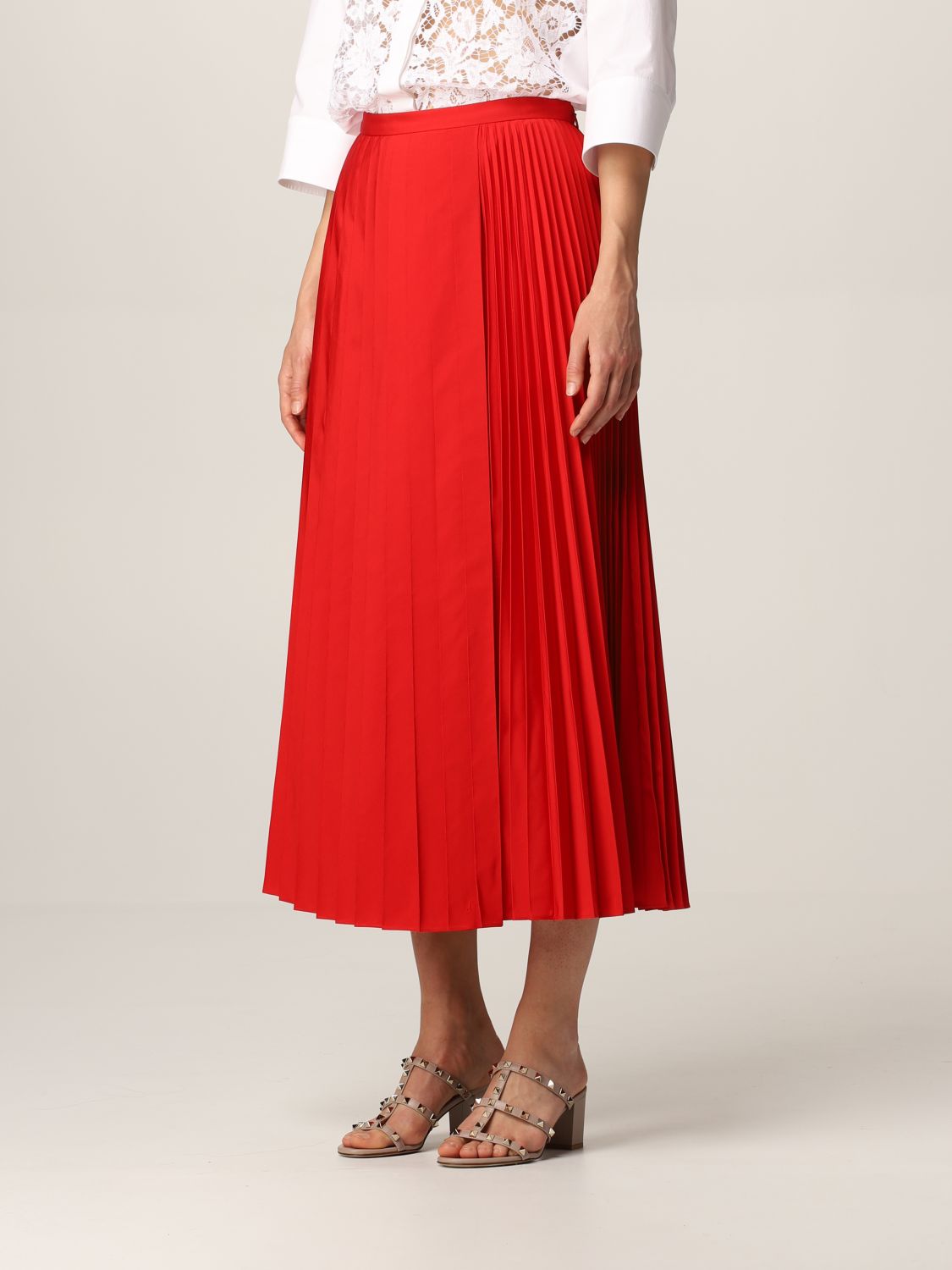 servitrice Senatet Af storm VALENTINO: midi skirt in pleated cotton blend - Red | Valentino skirt  WB3RA7S54H2 online on GIGLIO.COM