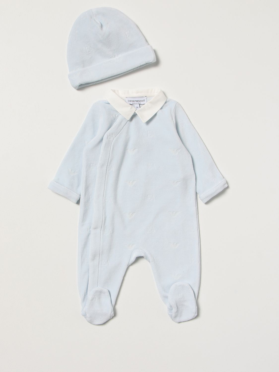 EMPORIO ARMANI: cotton onesie + hat set with all-over logo - Gnawed Blue |  Emporio Armani pack 6KNV06 NJ00Z online on 